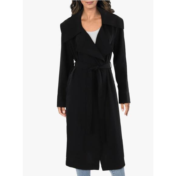 Avec Les Filles Black Trench Coat Belted Drape Front Size Large NWT Stylish - Picture 1 of 16